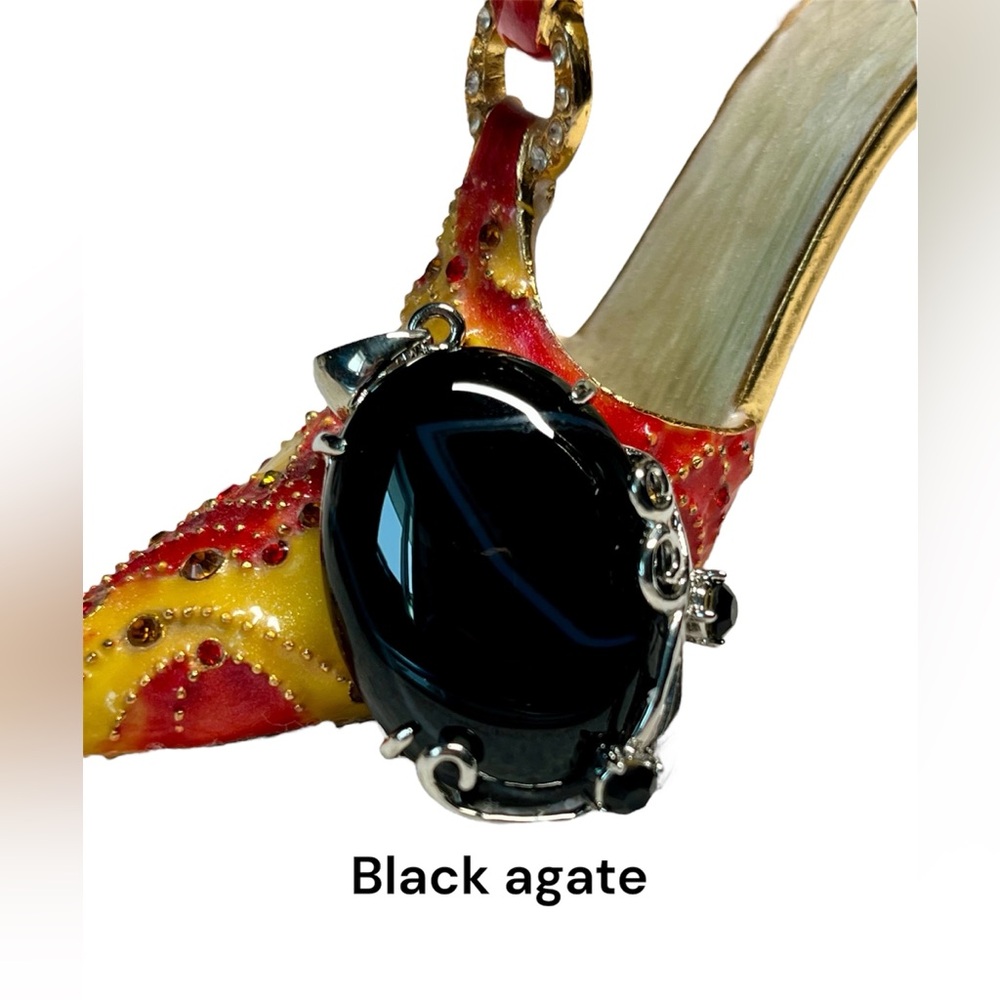 Shiny Silver pendant with striped black agate and black gemstones pendant-NEW